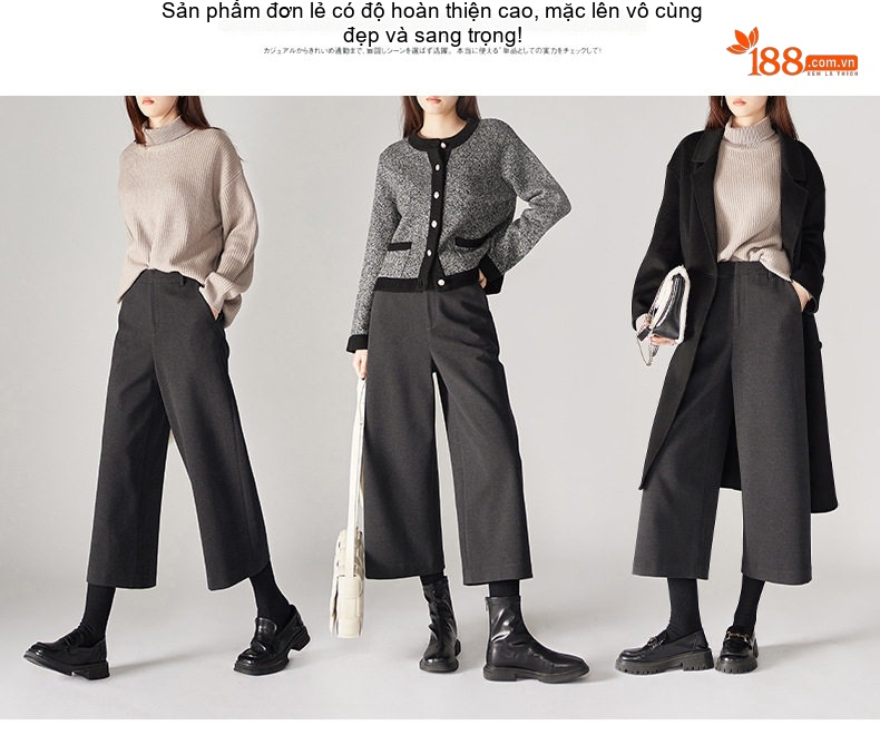 Quần Ống Rộng Nữ Dáng Lửng Giữ Ấm Chất Lượng Cao Cấp Màu Đen, Nâu chi tiết 12
