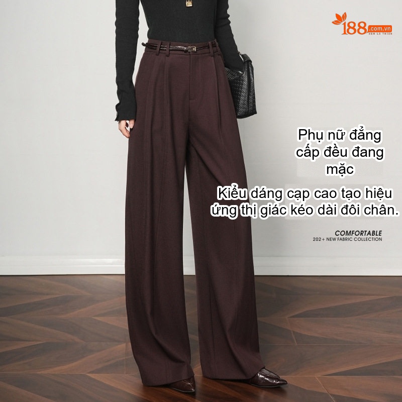Quần Ống Rộng Nữ Lưng Cao Chất Liệu Lông Cừu Giúp Tôn Dáng Màu Nâu, Đen, Xám