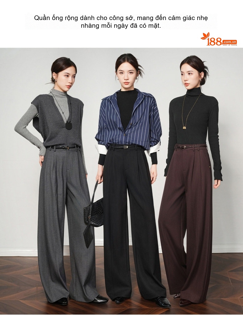 Quần Ống Rộng Nữ Lưng Cao Chất Liệu Lông Cừu Giúp Tôn Dáng Màu Nâu, Đen, Xám chi tiết 2