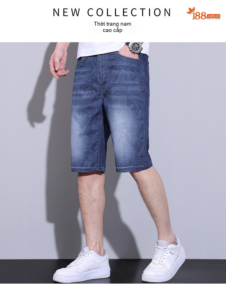 Quần Short Jeans Nam Ngắn 5 Tấc Vải Denim Co Giãn Nhẹ Kiểu Dáng Thời Trang Màu Xanh Denim chi tiết 2