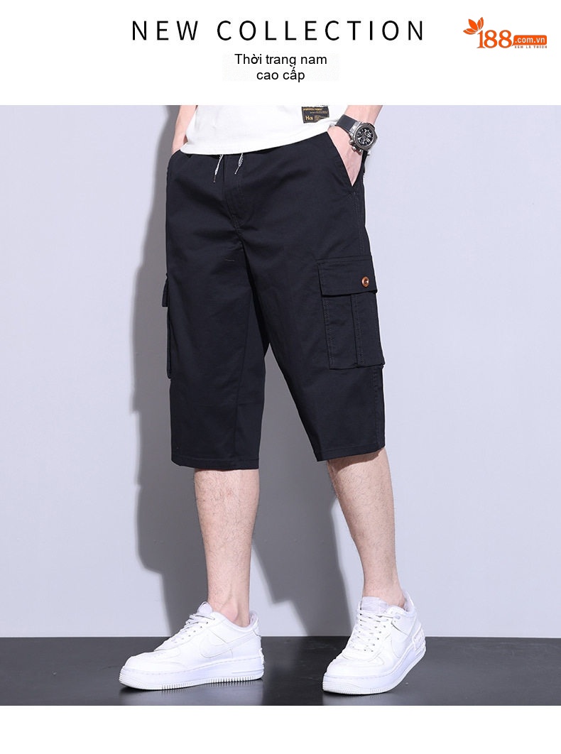 Quần Short Nam Cotton 100% Lưng Thun Ống Lửng Thể Thao Màu Be, Xanh Navy, Xanh Rêu, Đen chi tiết 2