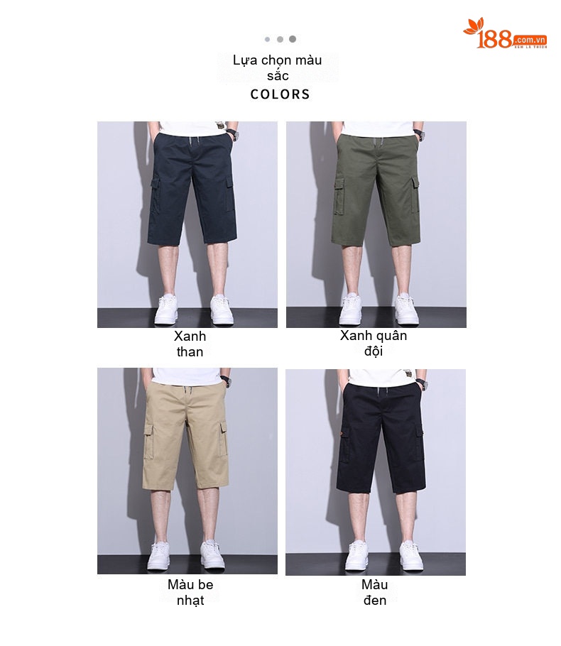 Quần Short Nam Cotton 100% Lưng Thun Ống Lửng Thể Thao Màu Be, Xanh Navy, Xanh Rêu, Đen chi tiết 4