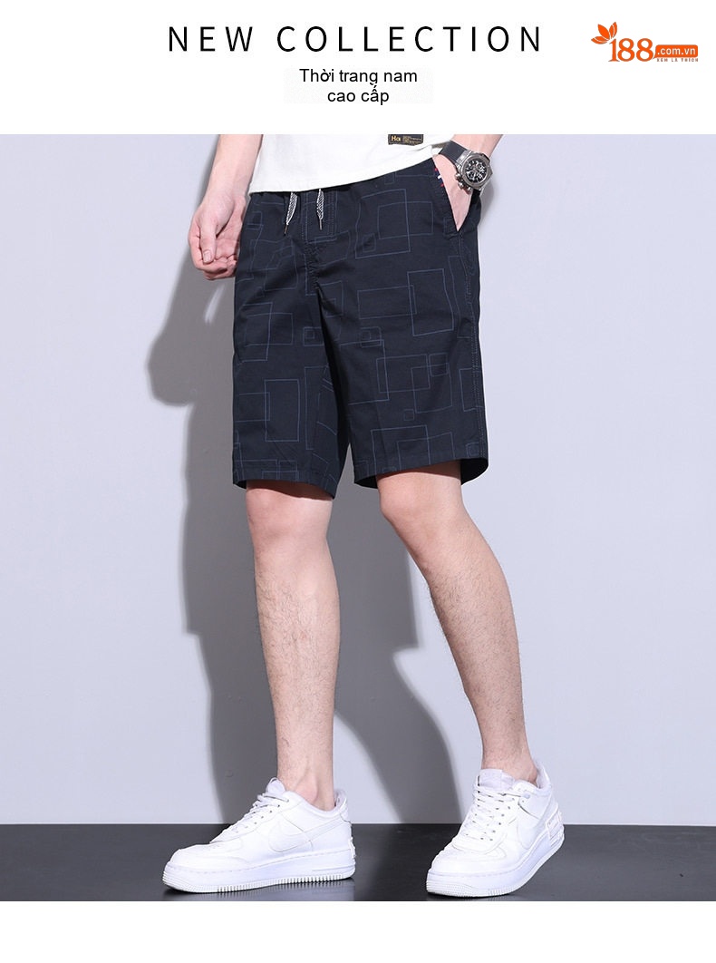 Quần Short Nam Ngắn Thể Thao Lưng Thun Họa Tiết Vuông Màu Xanh Navy, Xanh Rêu chi tiết 2