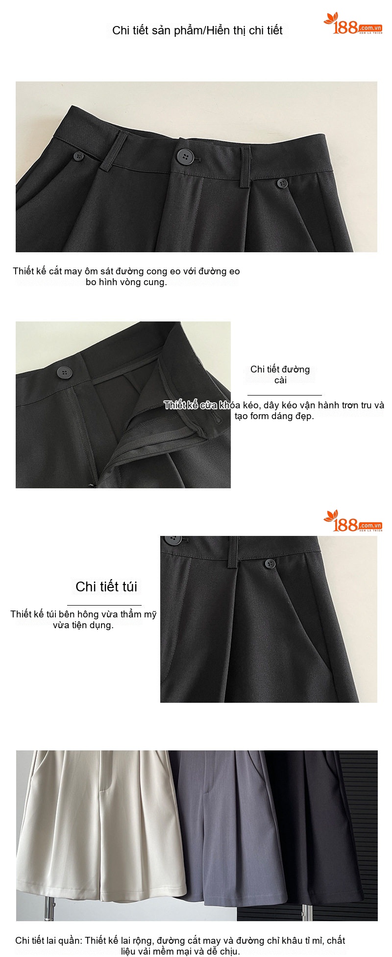 Quần Short Nữ Vải Lưng Cao Ống Rộng Phong Cách Công Sở Màu Xám, Trắng chi tiết 4