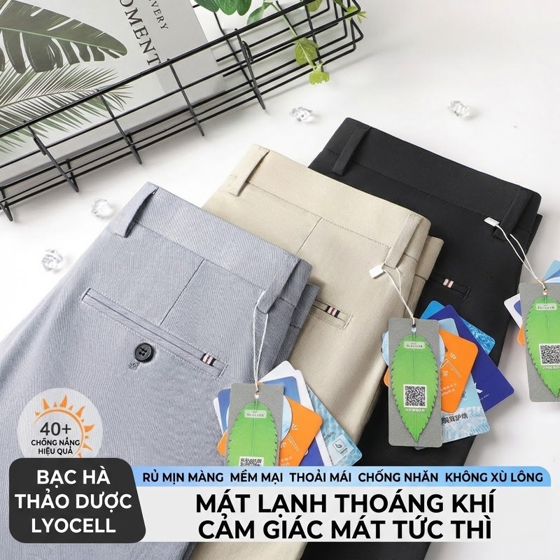 Quần Tây Âu Nam Mùa Hè Lyocell Mỏng Mát Dáng Ôm Màu Đen, Xám, Be