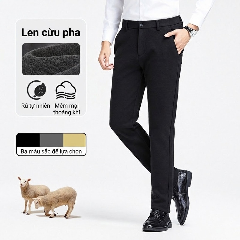 Quần Tây Nam Dáng Suông Dày Dặn Giữ Ấm Chống Nhăn Màu Đen, Xám, Vàng
