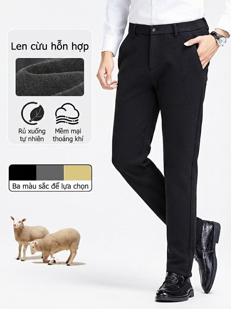 Quần Tây Nam Dáng Suông Dày Dặn Giữ Ấm Chống Nhăn Màu Đen, Xám, Vàng chi tiết 1