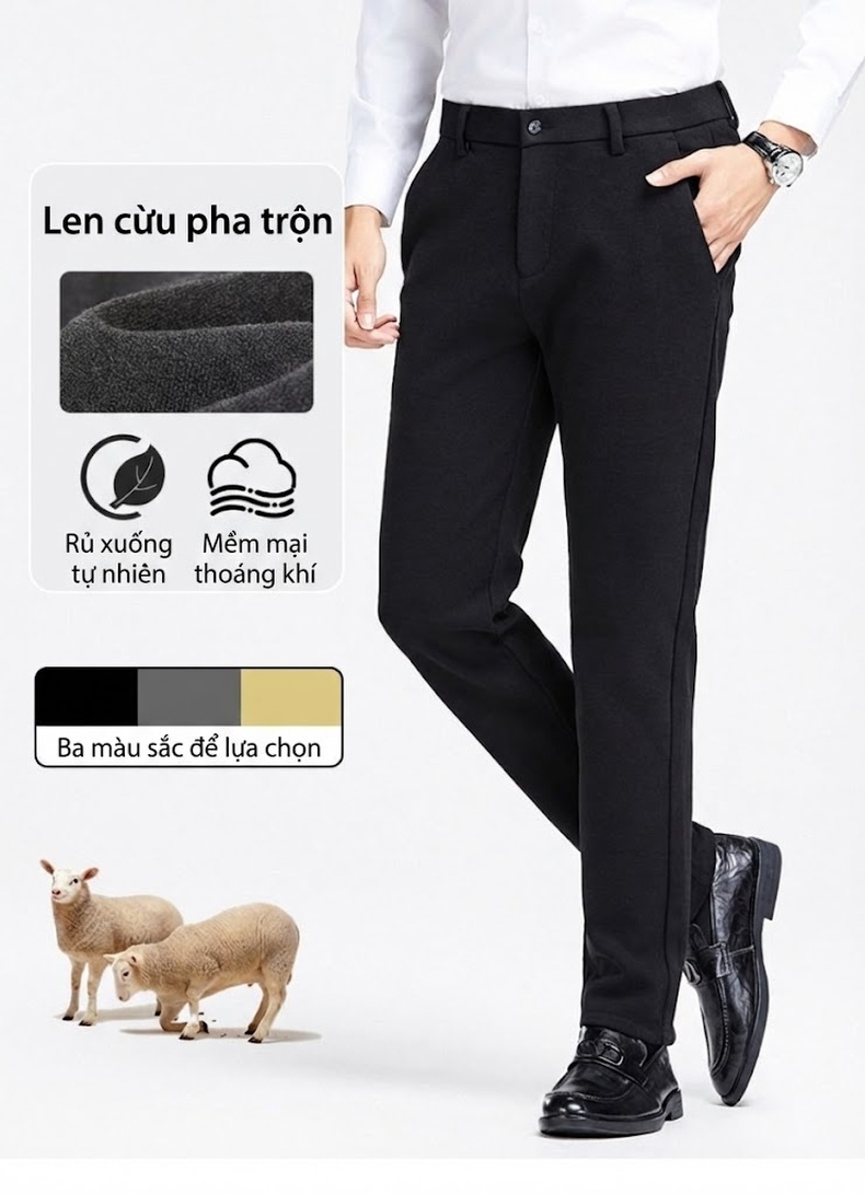 Quần Tây Nam Dáng Suông Dày Dặn Giữ Ấm Chống Nhăn Màu Đen, Xám, Vàng chi tiết 8