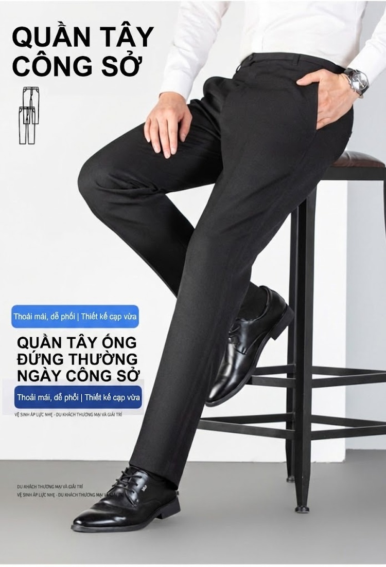 Quần Tây Nam Dáng Thẳng Lưng Vừa Co Giãn Không Nhăn Màu Đen, Xám chi tiết 1