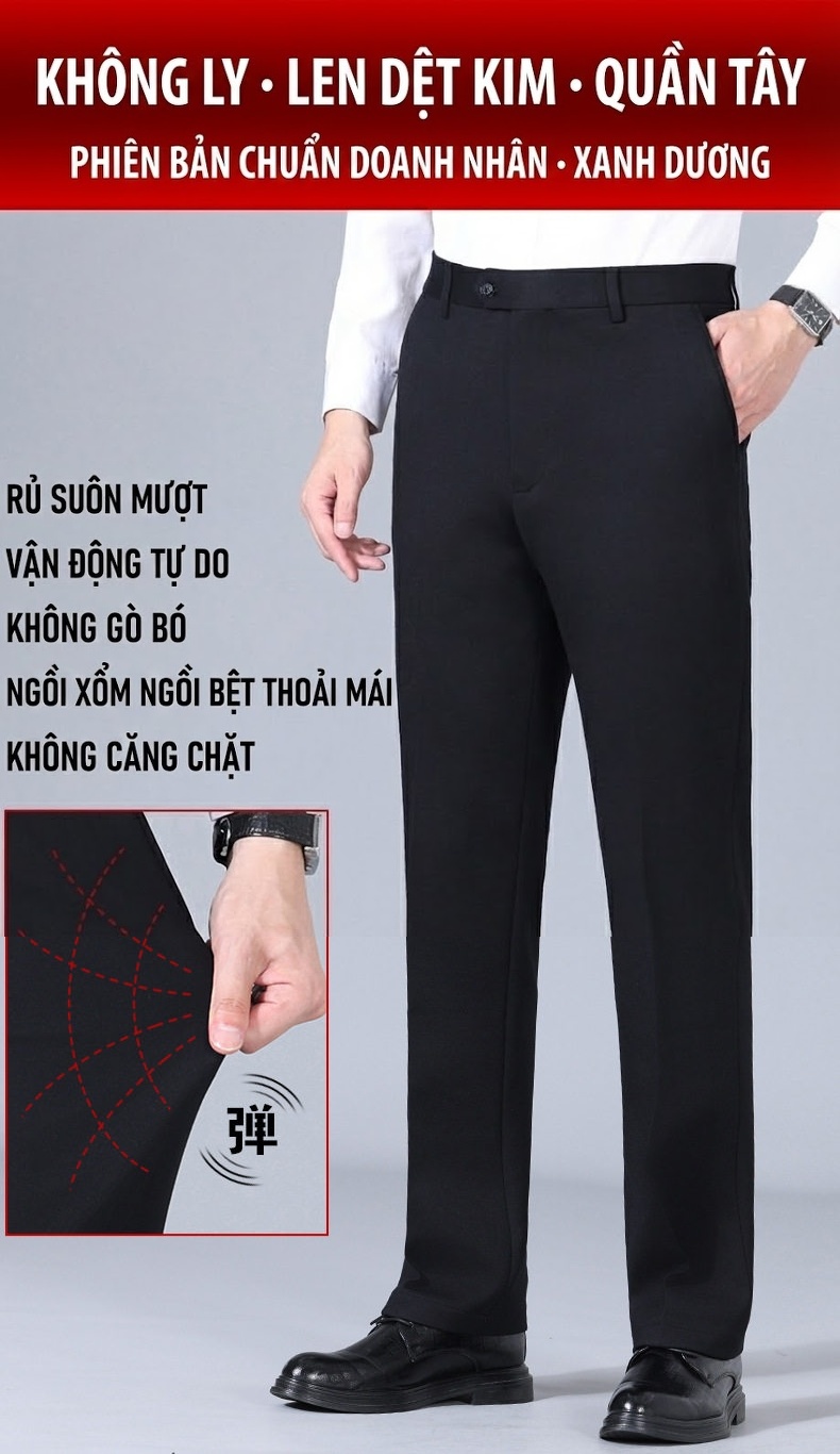 Quần Tây Nam Dệt Kim Lông Cừu Quần Dài Vải Dày Chống Nhăn Màu Đen chi tiết 1