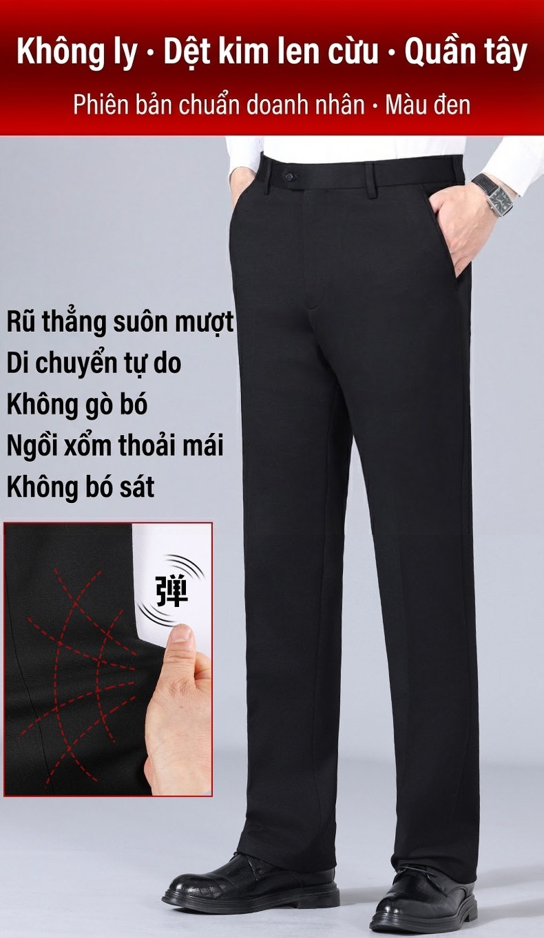 Quần Tây Nam Dệt Kim Lông Cừu Quần Dài Vải Dày Chống Nhăn Màu Đen chi tiết 20