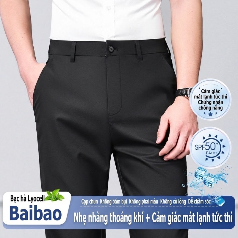 Quần Tây Nam Lyocell Tencel Cao Cấp Co Giãn Thoải Mái Mỏng Nhẹ Màu Đen, Kaki