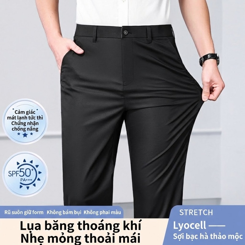 Quần Tây Nam Lyocell Tencel Cao Cấp Co Giãn Thoải Mái Mỏng Nhẹ Màu Đen, Kaki