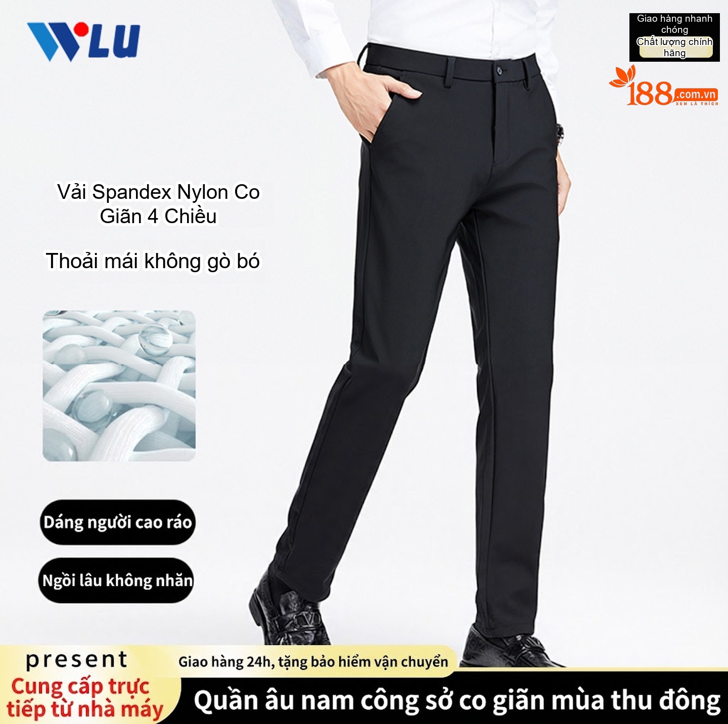 Quần Tây Nam Ống Đứng Co Giãn 4 Chiều Thoải Mái Màu Đen
