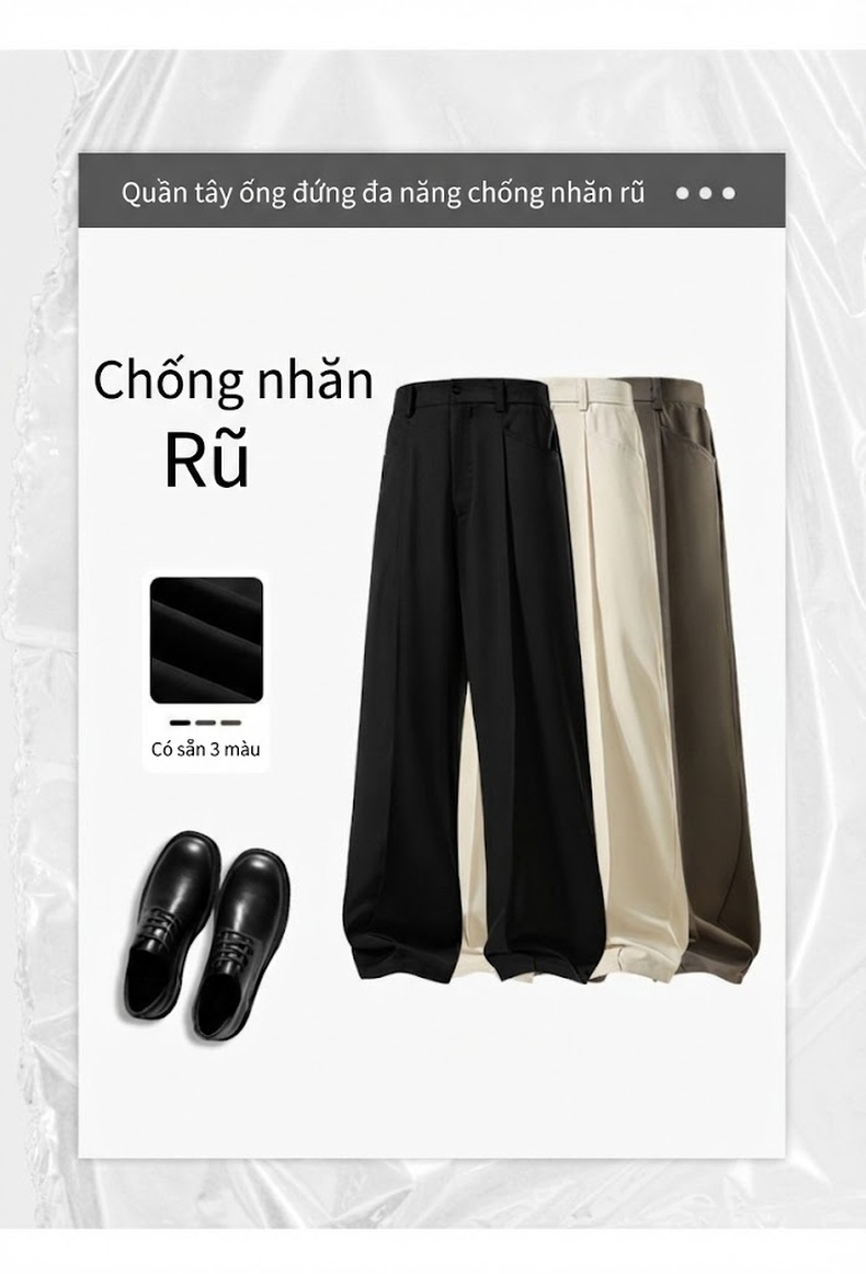Quần Tây Nam Ống Đứng Dáng Rộng Phong Cách Casual Màu Đen, Kem, Nâu chi tiết 3