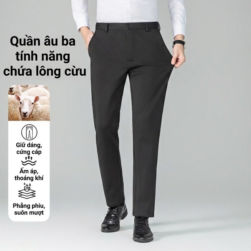 Quần Tây Nam Ống Đứng Lót Lông Cừu Dày Dặn Chống Nhăn Màu Đen, Xanh Navy