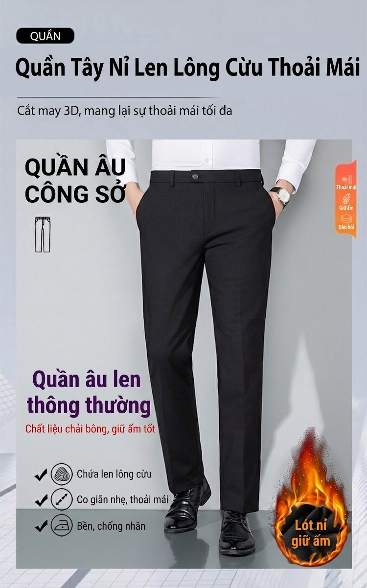 Quần Tây Nam Ống Đứng Lót Lông Cừu Giữ Ấm Chống Nhăn Màu Đen, Xám chi tiết 1