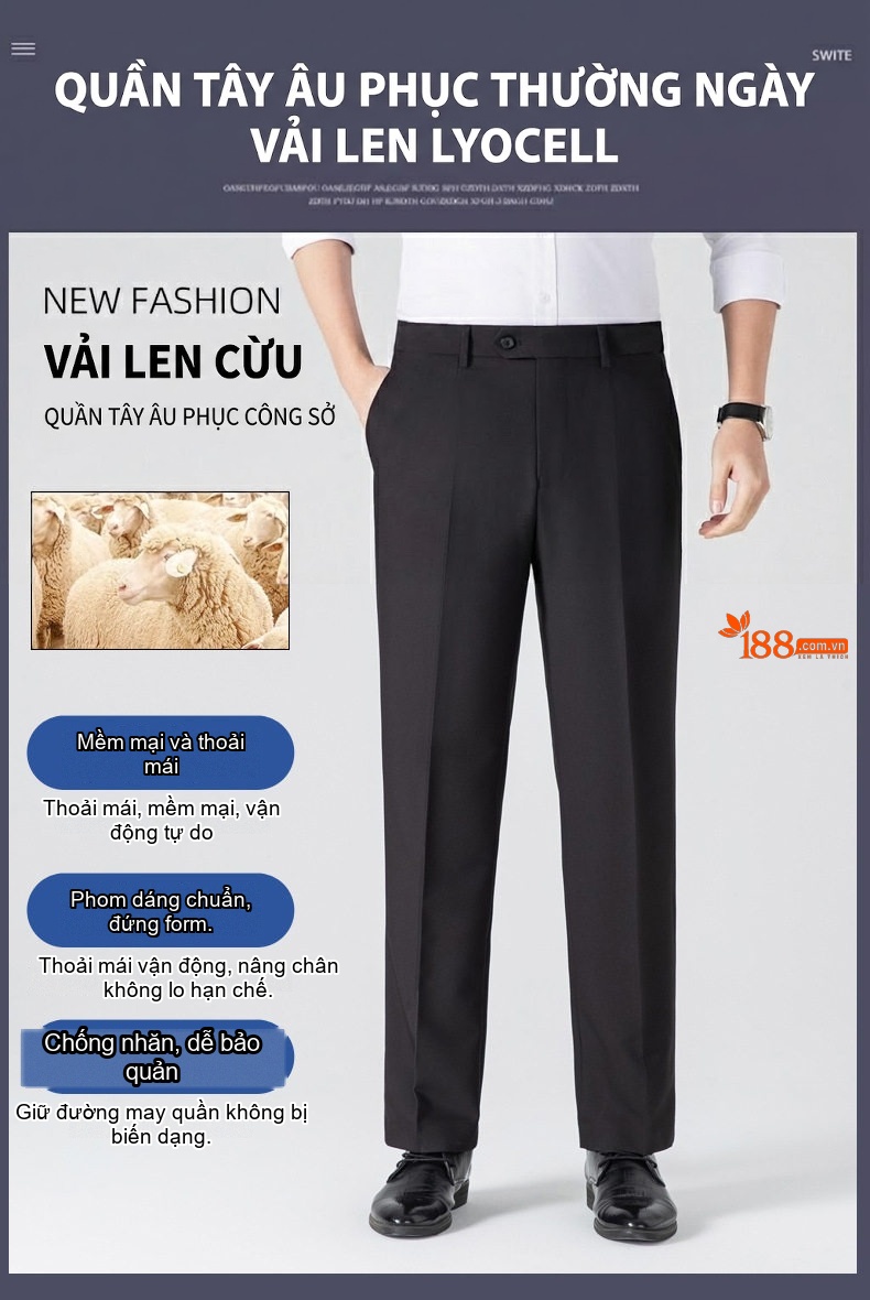 Quần Tây Nam Ống Đứng Lưng Thun Chất liệu Lụa Lyocell Màu Đen, Xám chi tiết 1