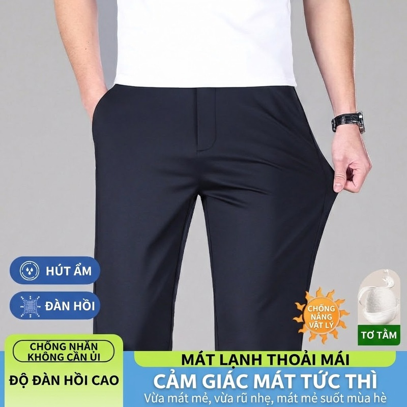 Quần Tây Nam Ống Đứng Mỏng Mát Tơ Tằm Co Giãn Thoải Mái Màu Đen