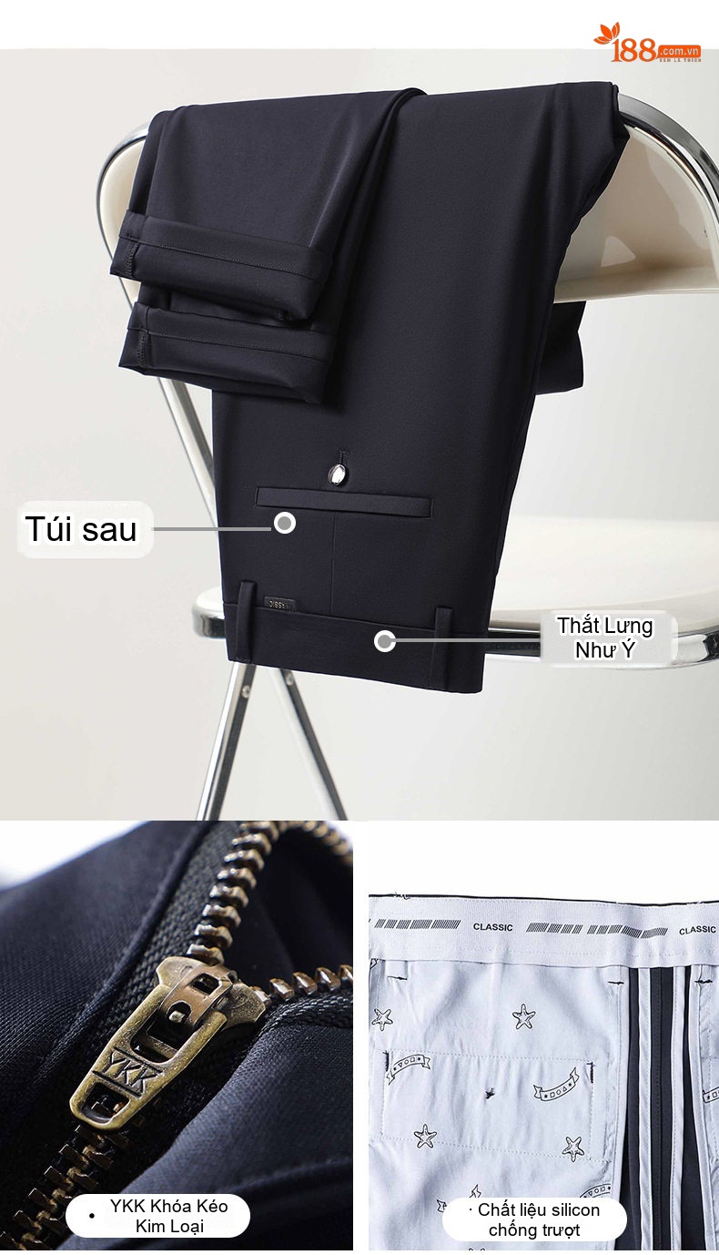 Quần Tây Nam Ống Đứng Mỏng Mát Tơ Tằm Co Giãn Thoải Mái Màu Đen chi tiết 9