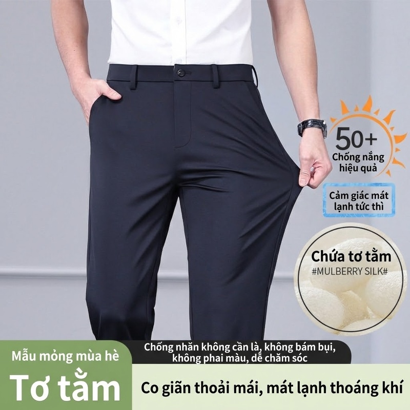 Quần Tây Nam Ống Đứng Mỏng Mát Tơ Tằm Co Giãn Thoải Mái Màu Đen