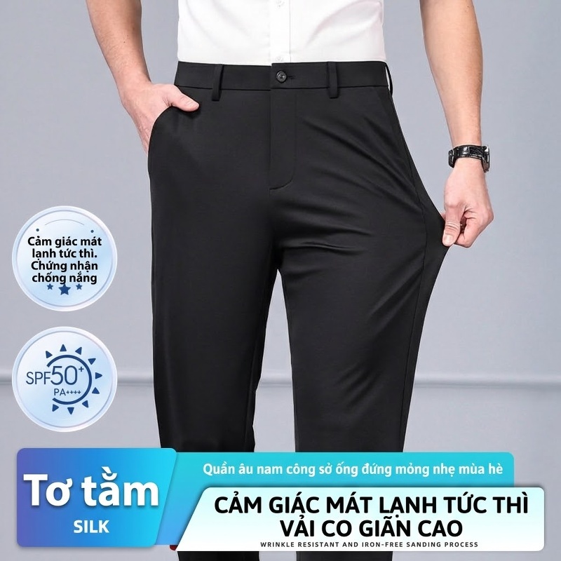 Quần Tây Nam Ống Đứng Mỏng Mát Tơ Tằm Co Giãn Thoải Mái Màu Đen