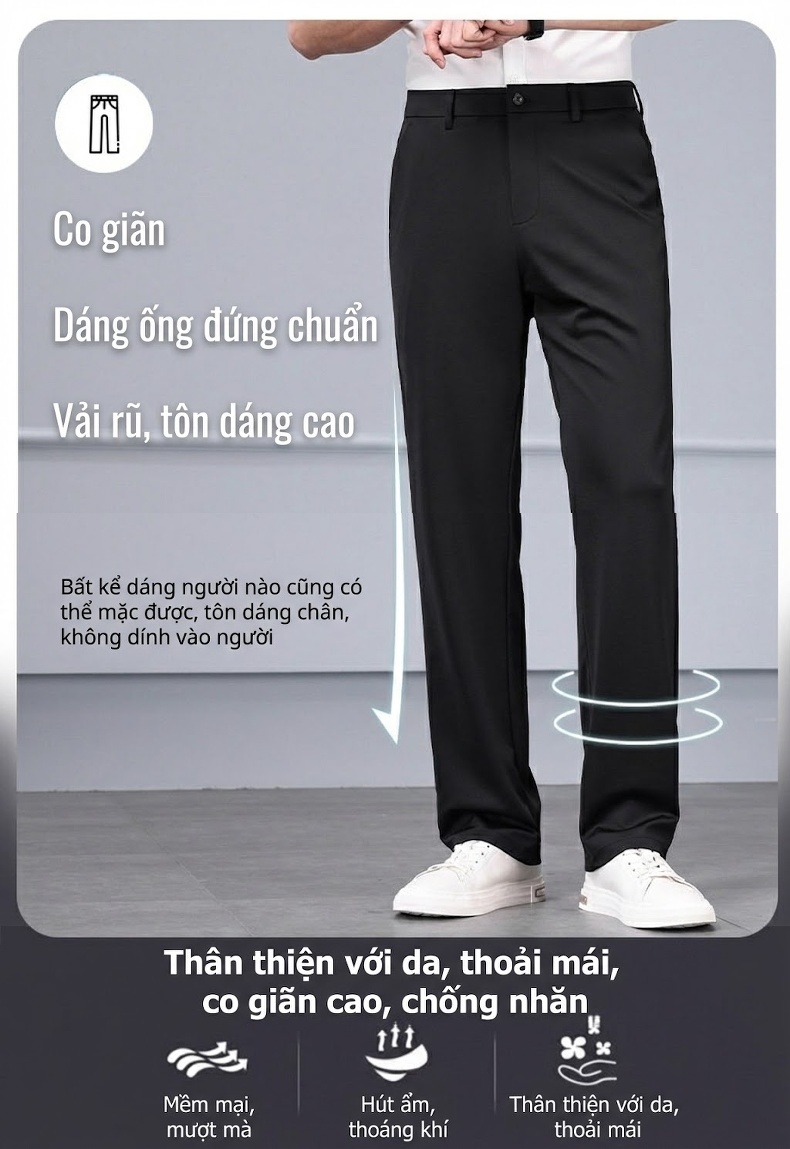 Quần Tây Nam Ống Đứng Mỏng Mát Tơ Tằm Co Giãn Thoải Mái Màu Đen chi tiết 7