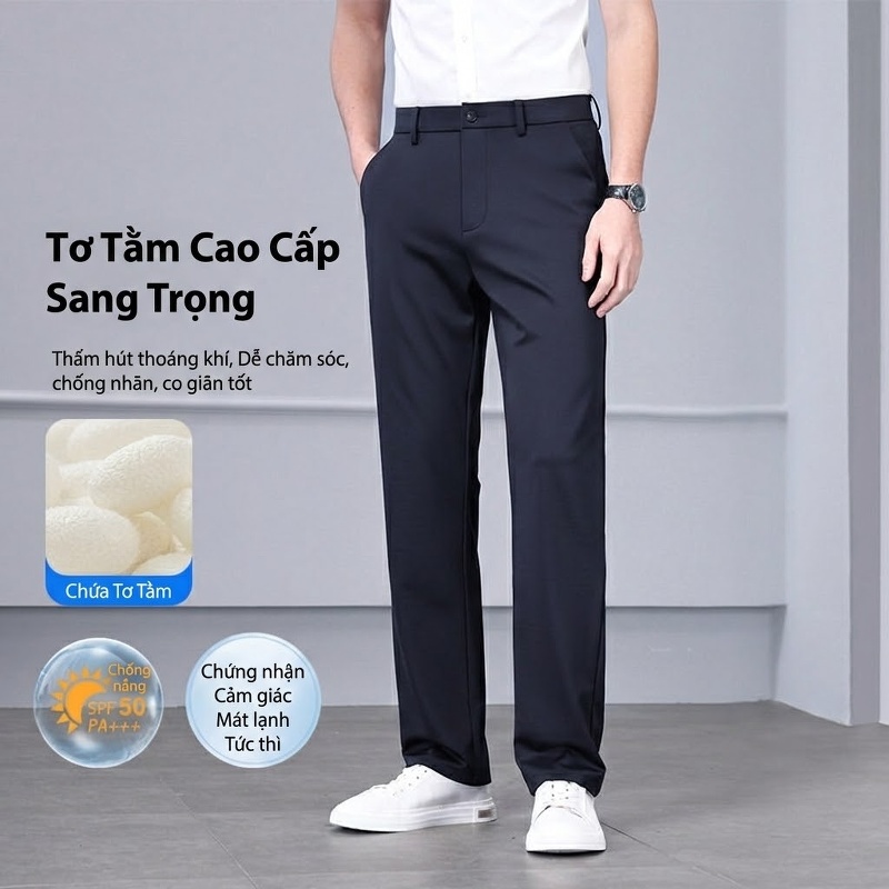 Quần Tây Nam Ống Đứng Mỏng Mát Tơ Tằm Co Giãn Thoải Mái Màu Đen