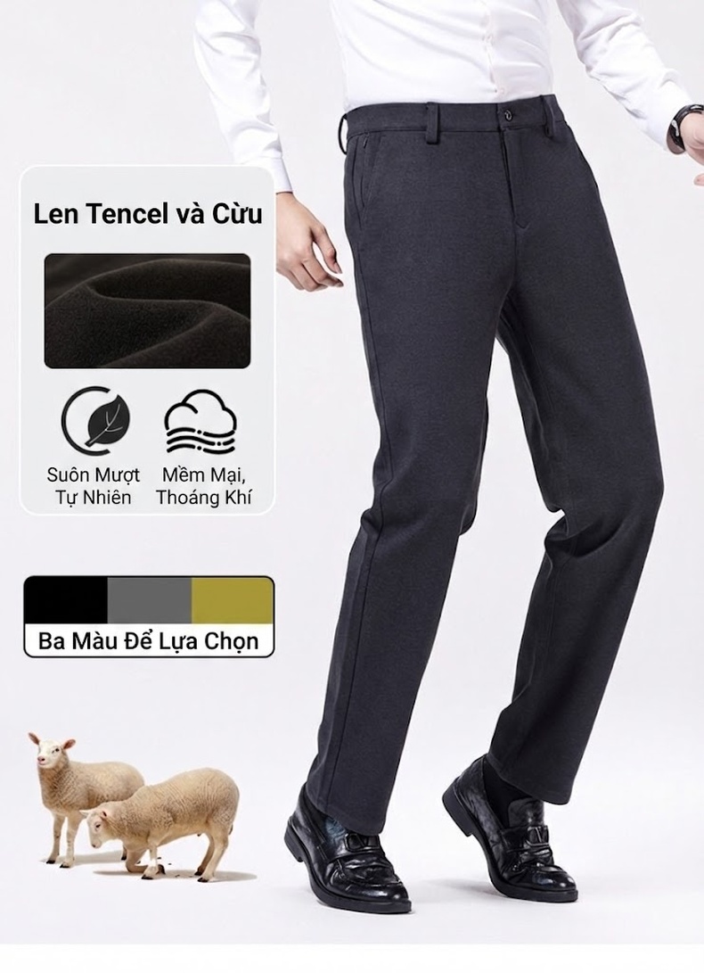 Quần Tây Nam Ống Đứng Wool Cao Cấp Dáng Rộng Chống Nhăn Màu Đen, Xám, Nâu chi tiết 1