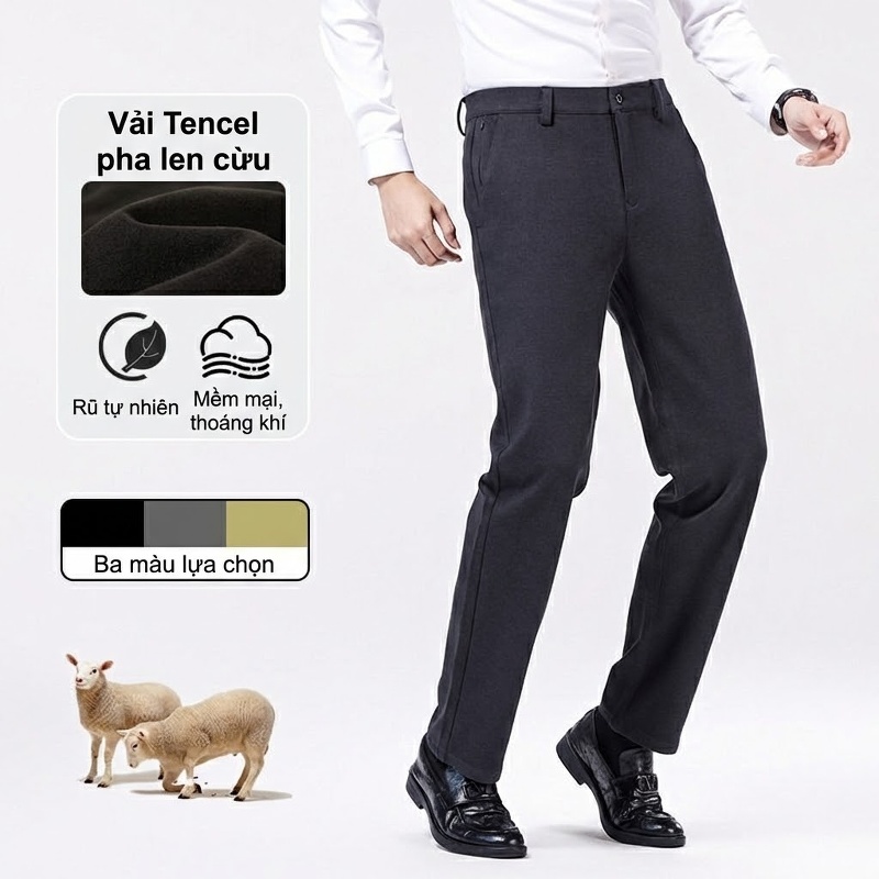 Quần Tây Nam Ống Đứng Wool Cao Cấp Dáng Rộng Chống Nhăn Màu Đen, Xám, Nâu