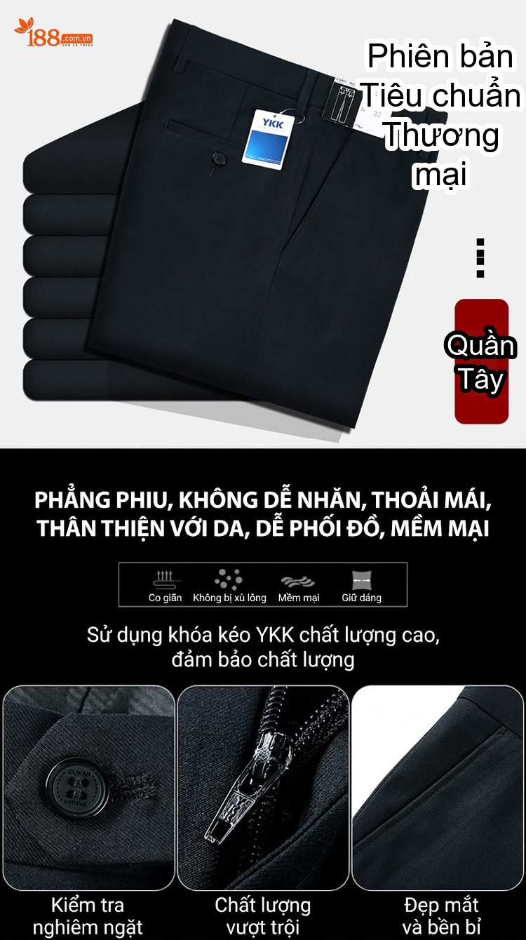 Quần Tây Nam Ống Đứng Wool Chống Nhăn Cao Cấp Màu Đen, Xanh Navy, Xám chi tiết 3