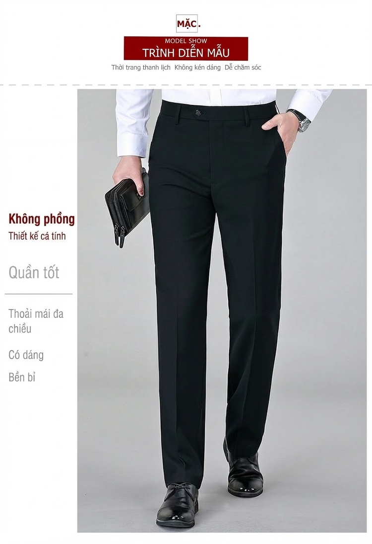 Quần Tây Nam Ống Đứng Wool Chống Nhăn Cao Cấp Màu Đen, Xanh Navy, Xám chi tiết 10