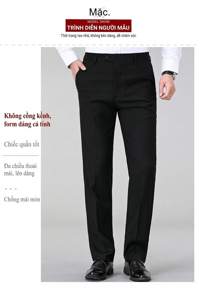 Quần Tây Nam Ống Đứng Wool Chống Nhăn Cao Cấp Màu Đen, Xanh Navy, Xám chi tiết 28