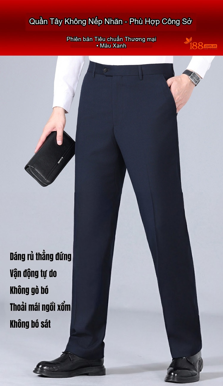 Quần Tây Nam Ống Đứng Wool Chống Nhăn Cao Cấp Màu Đen, Xanh Navy, Xám chi tiết 36