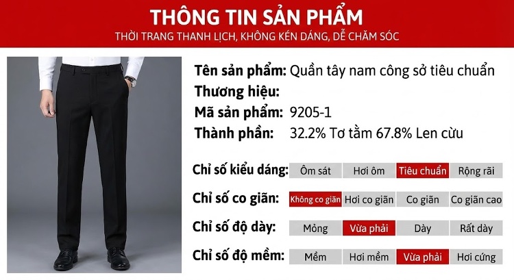 Quần Tây Nam Ống Đứng Wool Chống Nhăn Cao Cấp Màu Đen, Xanh Navy, Xám chi tiết 25
