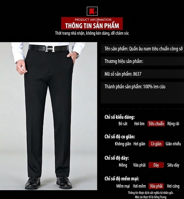 Quần Tây Nam Ống Đứng Vải Lông Cừu Dáng Suông Chống Nhăn Màu Đen chi tiết 11