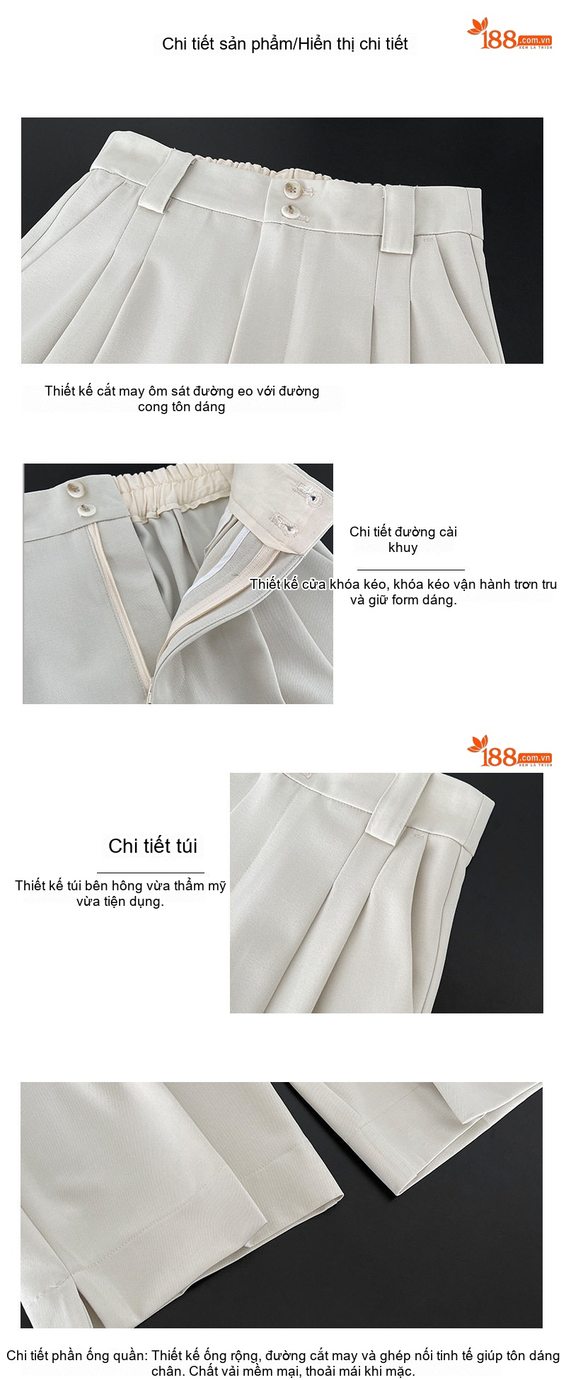 Quần Tây Nữ Ống Rộng Lưng Cao Phong Cách Hàn Quốc, Dáng Suông Màu Kem, Nâu chi tiết 4