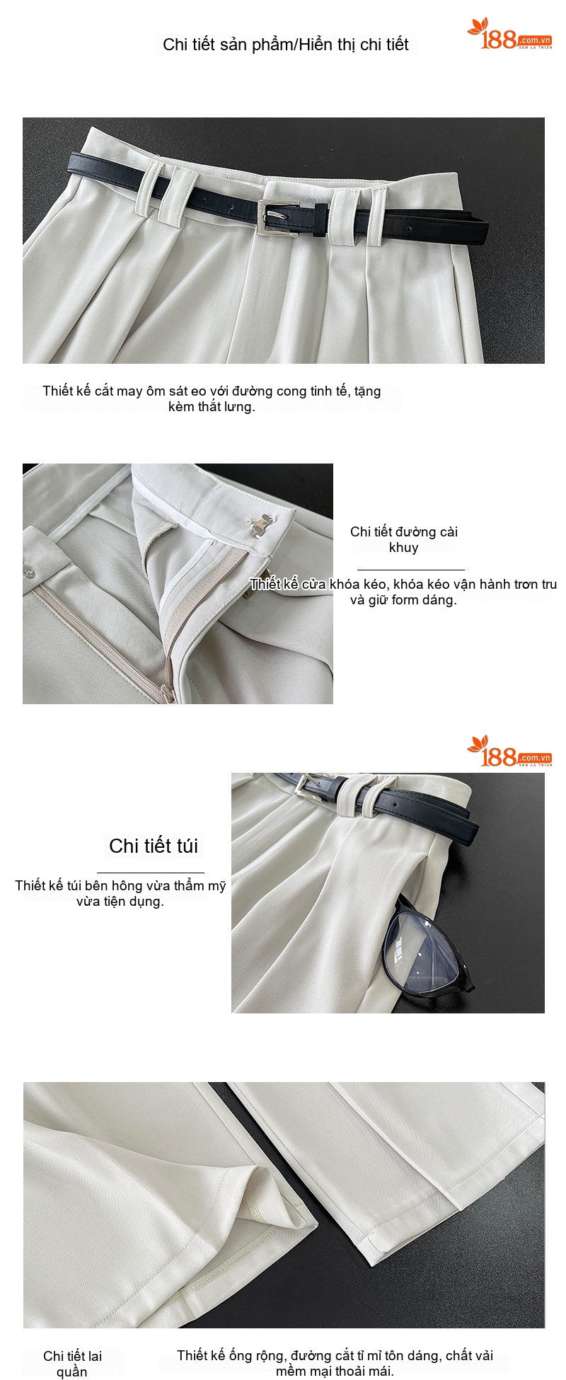 Quần Tây Ống Rộng Nữ Lưng Cao Dáng Suông Màu Đen, Trắng chi tiết 4