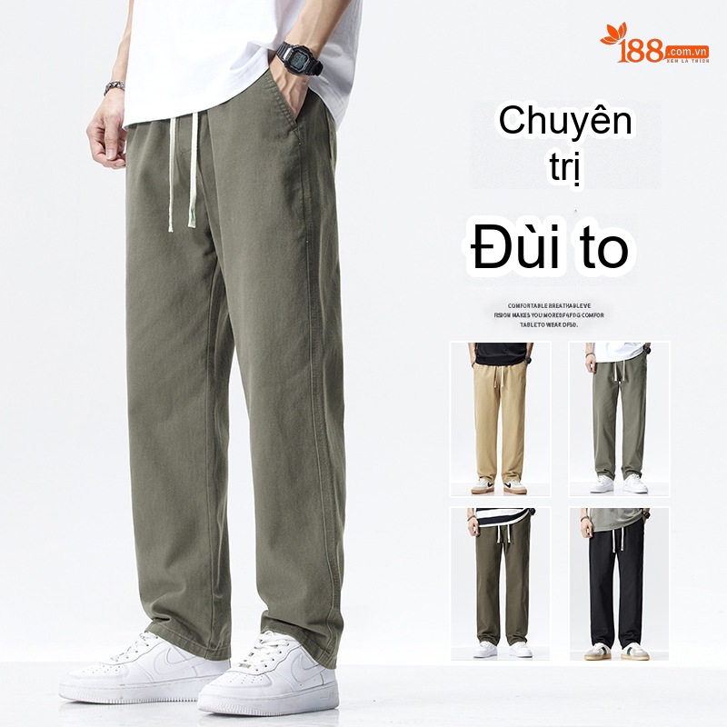Quần dài nam ống suông thể thao cotton thoáng khí dáng rộng
