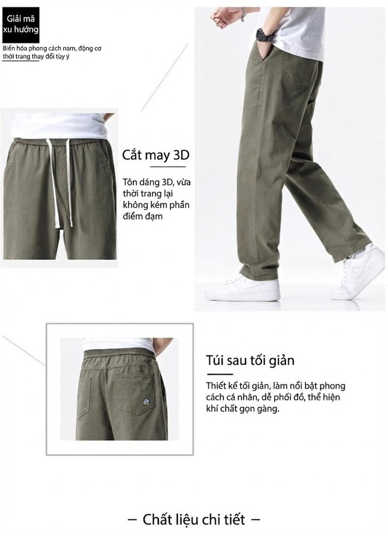 Quần dài nam ống suông thể thao cotton thoáng khí dáng rộng chi tiết 1