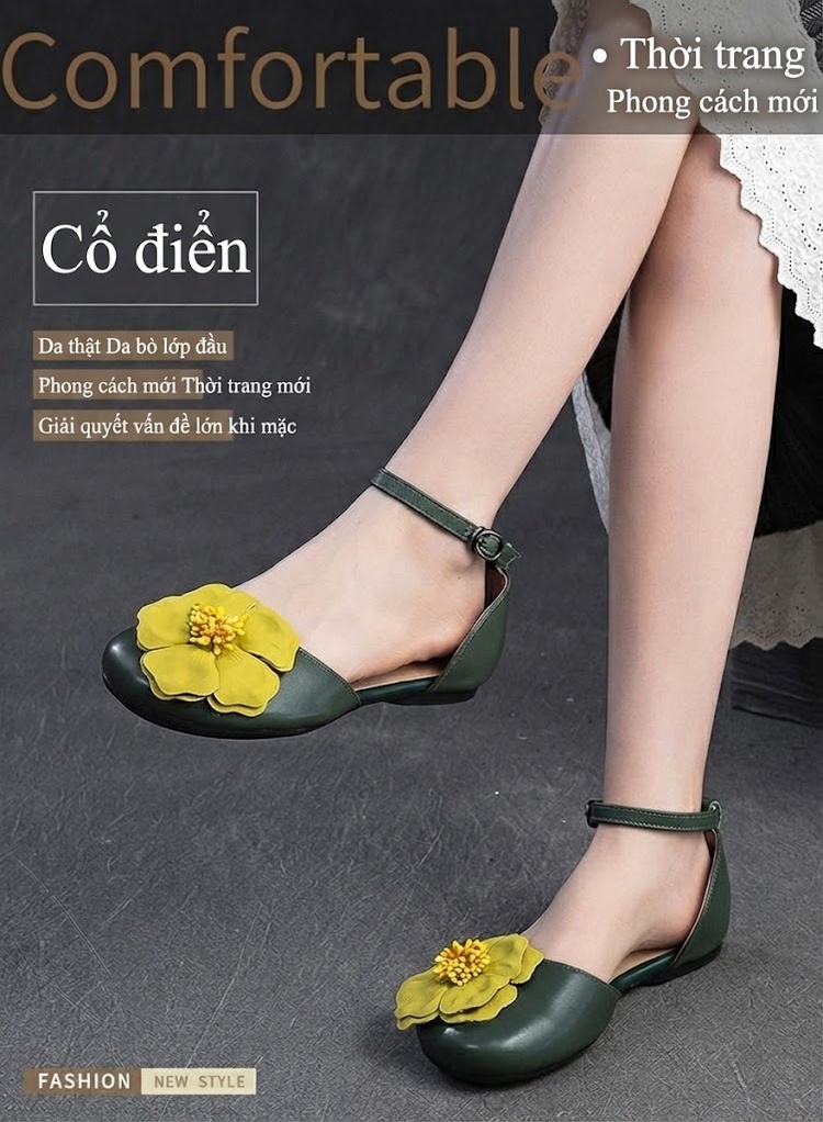 Dép Sandal Nữ Bít Mũi Quai Cài Hoa Nổi Đế Cao 3cm - 4cm Màu Kem, Xanh chi tiết 1
