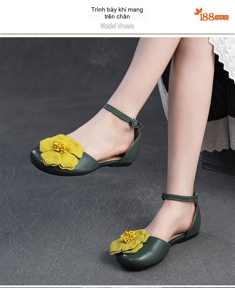 Dép Sandal Nữ Bít Mũi Quai Cài Hoa Nổi Đế Cao 3cm - 4cm Màu Kem, Xanh chi tiết 7