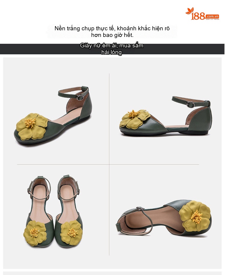 Dép Sandal Nữ Bít Mũi Quai Cài Hoa Nổi Đế Cao 3cm - 4cm Màu Kem, Xanh chi tiết 16