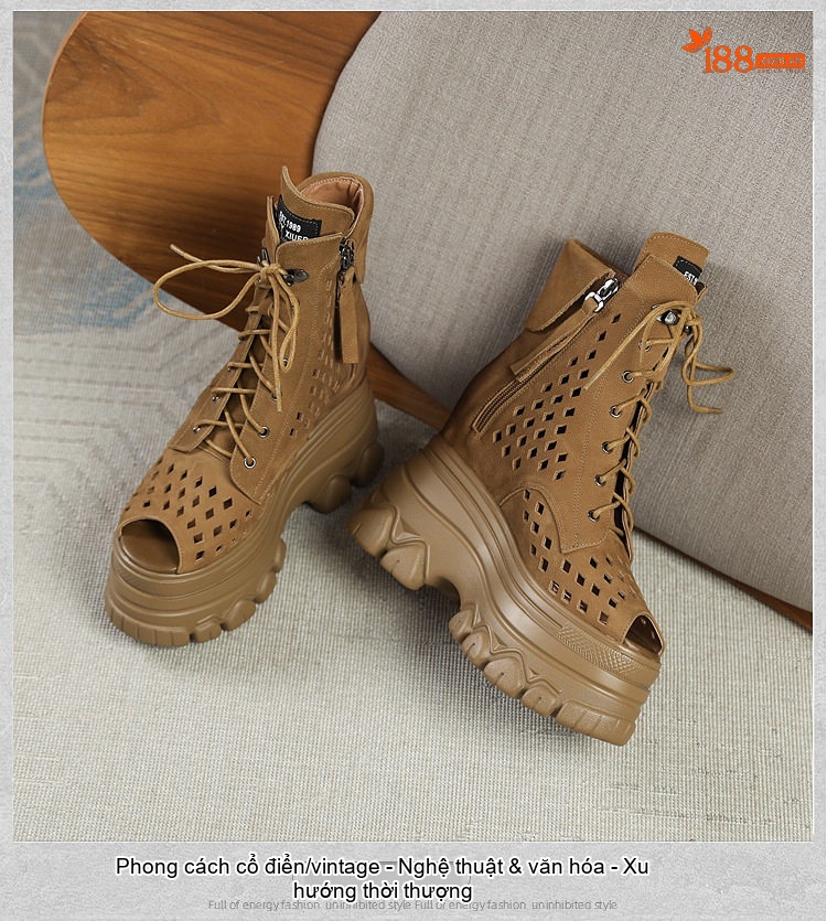 Bốt Sandal Nữ Cao Cổ Hở Ngón Da Mờ Lỗ Thoáng Đế Cao 4cm - 6cm Màu Nâu, Đen chi tiết 1