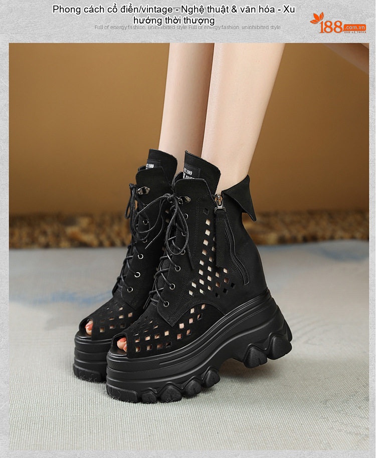 Bốt Sandal Nữ Cao Cổ Hở Ngón Da Mờ Lỗ Thoáng Đế Cao 4cm - 6cm Màu Nâu, Đen chi tiết 7