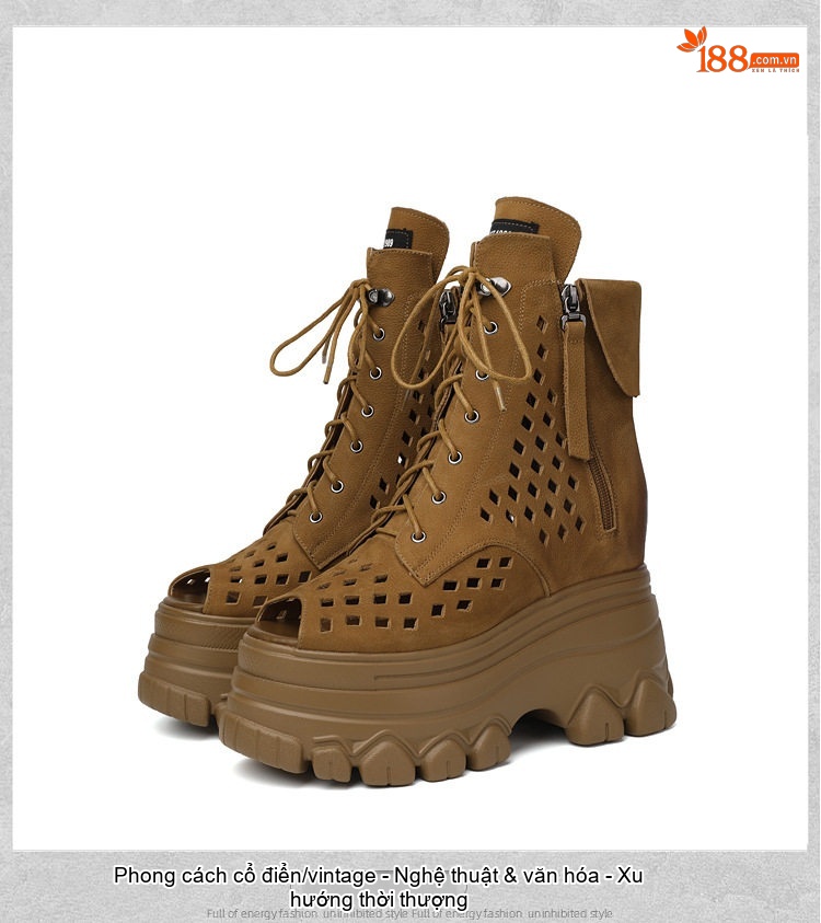 Bốt Sandal Nữ Cao Cổ Hở Ngón Da Mờ Lỗ Thoáng Đế Cao 4cm - 6cm Màu Nâu, Đen chi tiết 11