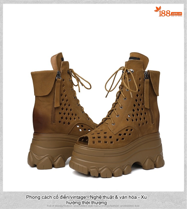 Bốt Sandal Nữ Cao Cổ Hở Ngón Da Mờ Lỗ Thoáng Đế Cao 4cm - 6cm Màu Nâu, Đen chi tiết 12