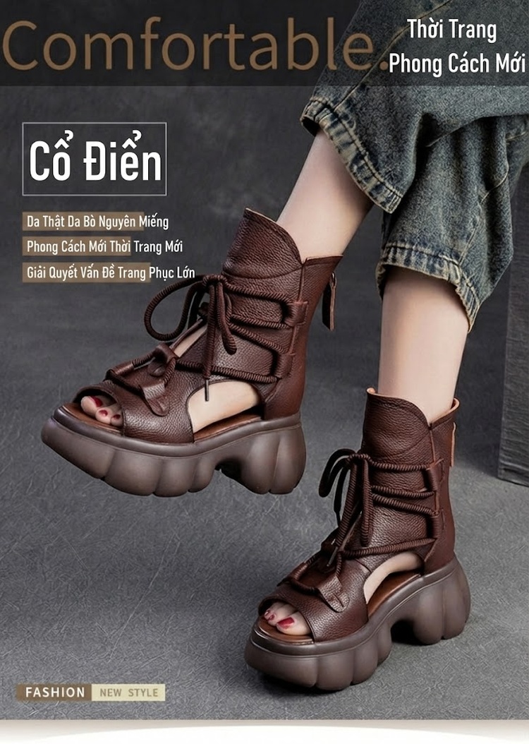 Dép Sandal Nữ Hở Mũi Cổ Cao Đế Dày Đế Cao 4cm - 5cm Màu Đen, Kem, Nâu chi tiết 2