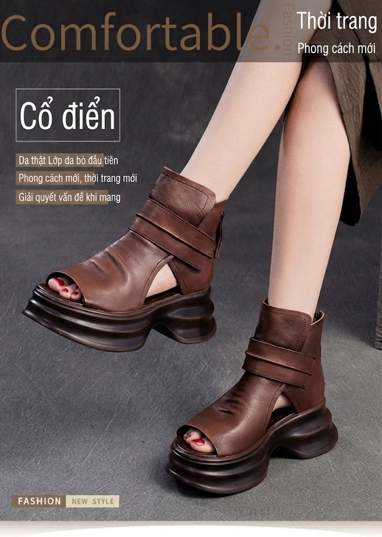Dép Sandal Nữ Hở Ngón Bốt Cổ Ngắn Đế Cao 5cm - 6cm Màu Đen, Nâu chi tiết 1
