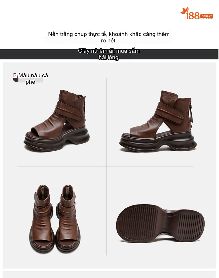 Dép Sandal Nữ Hở Ngón Bốt Cổ Ngắn Đế Cao 5cm - 6cm Màu Đen, Nâu chi tiết 16